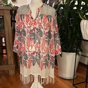 Roller Rabbit Red and Purple Floral Tunic with Fringe